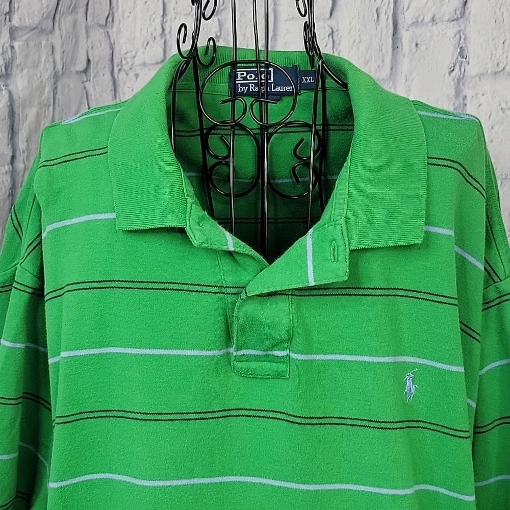 VINTAGE POLO‎ BY RALPH LAUREN Blue/Green Striped Men's 2 Button Polo Shirt XXL